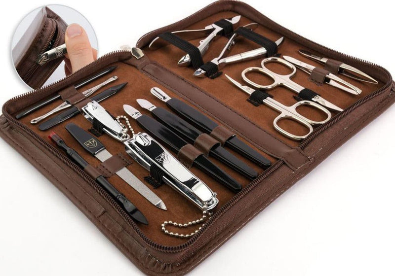 Kellermann 3 Swords Manicure Set: 16 Premium Nail Tools in Brown Leather Look Case 9205 P N