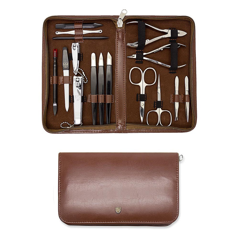 Kellermann 3 Swords Manicure Set: 16 Premium Nail Tools in Brown Leather Look Case 9205 P N