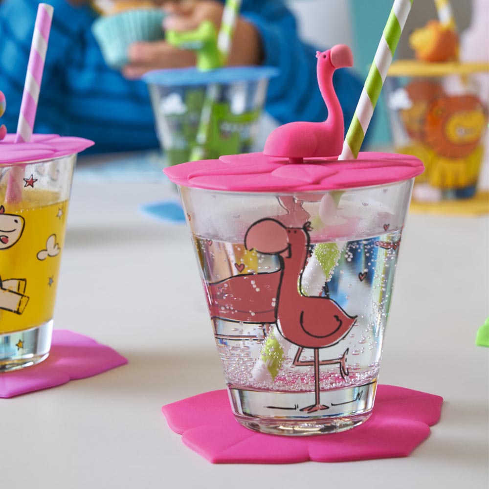 Leonardo Bambini Kids Drinking Glass Set (Cup, Saucer & Lid) - Flamingo