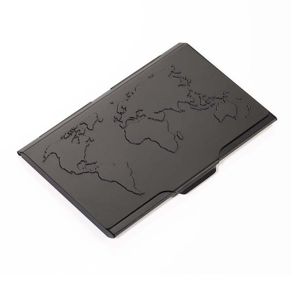 TROIKA Business Card Case with Embossed World Map - Black