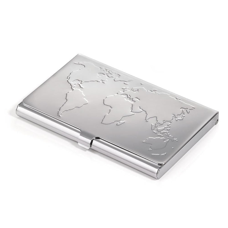 Troika Business Card Case with Embossed World Map 9cm - Silver Colour