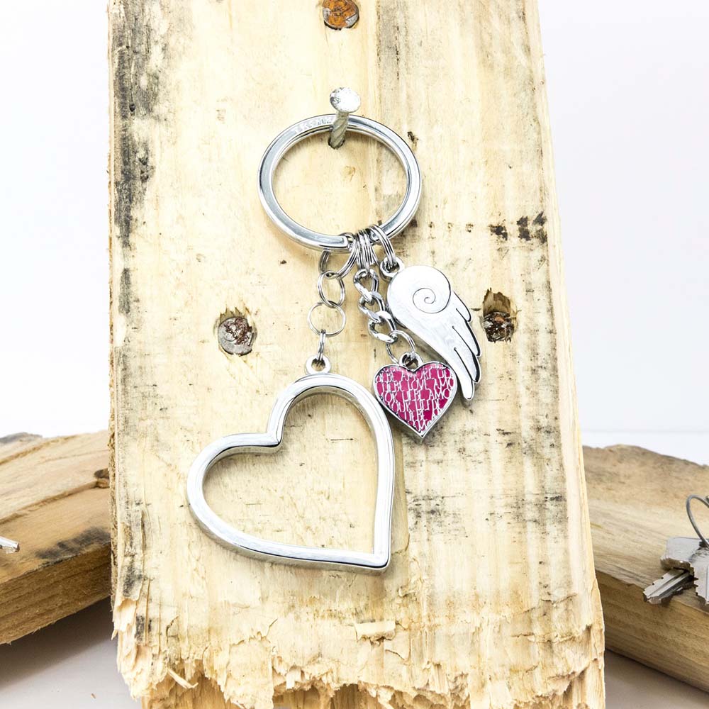TROIKA Keyring with 3 Charms LOVE IS IN THE AIR Silver Colour