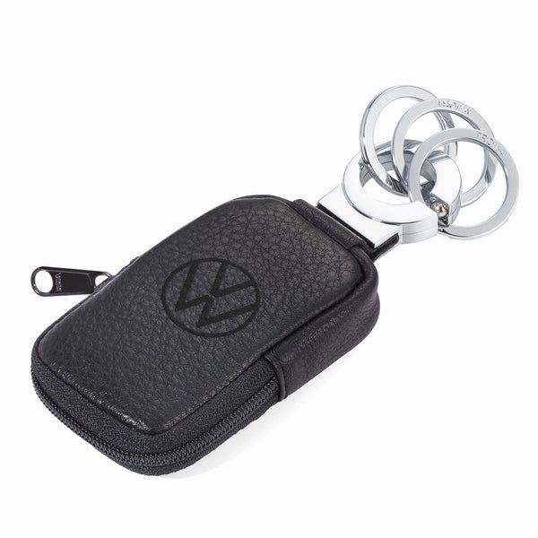 TROIKA Key-Click Keyring with VW Logo Leather Pouch for Coins or Face Mask