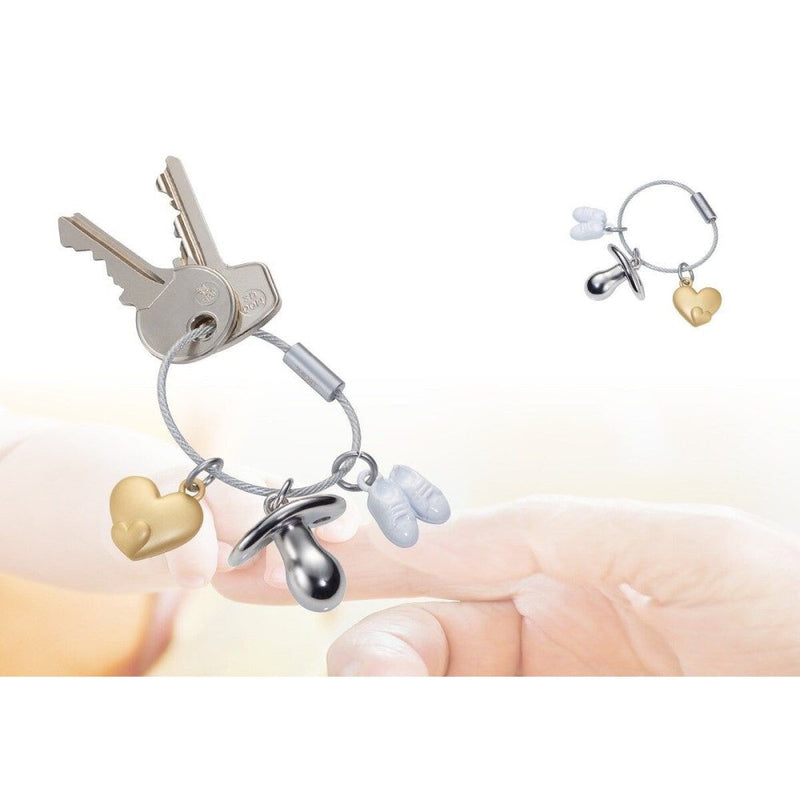 TROIKA Keyring – Welcome Baby with 3 Charms: Dummy, Heart and Baby Shoes