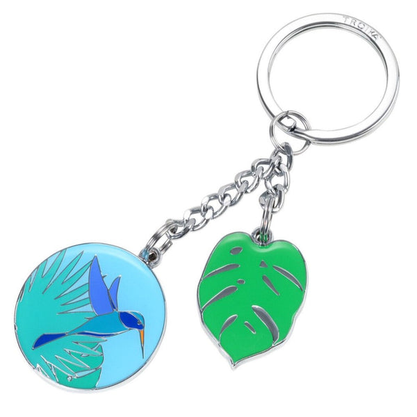 TROIKA Keyring with Monster Leaf & Hummingbird Charms: In Tropical Green & Blue