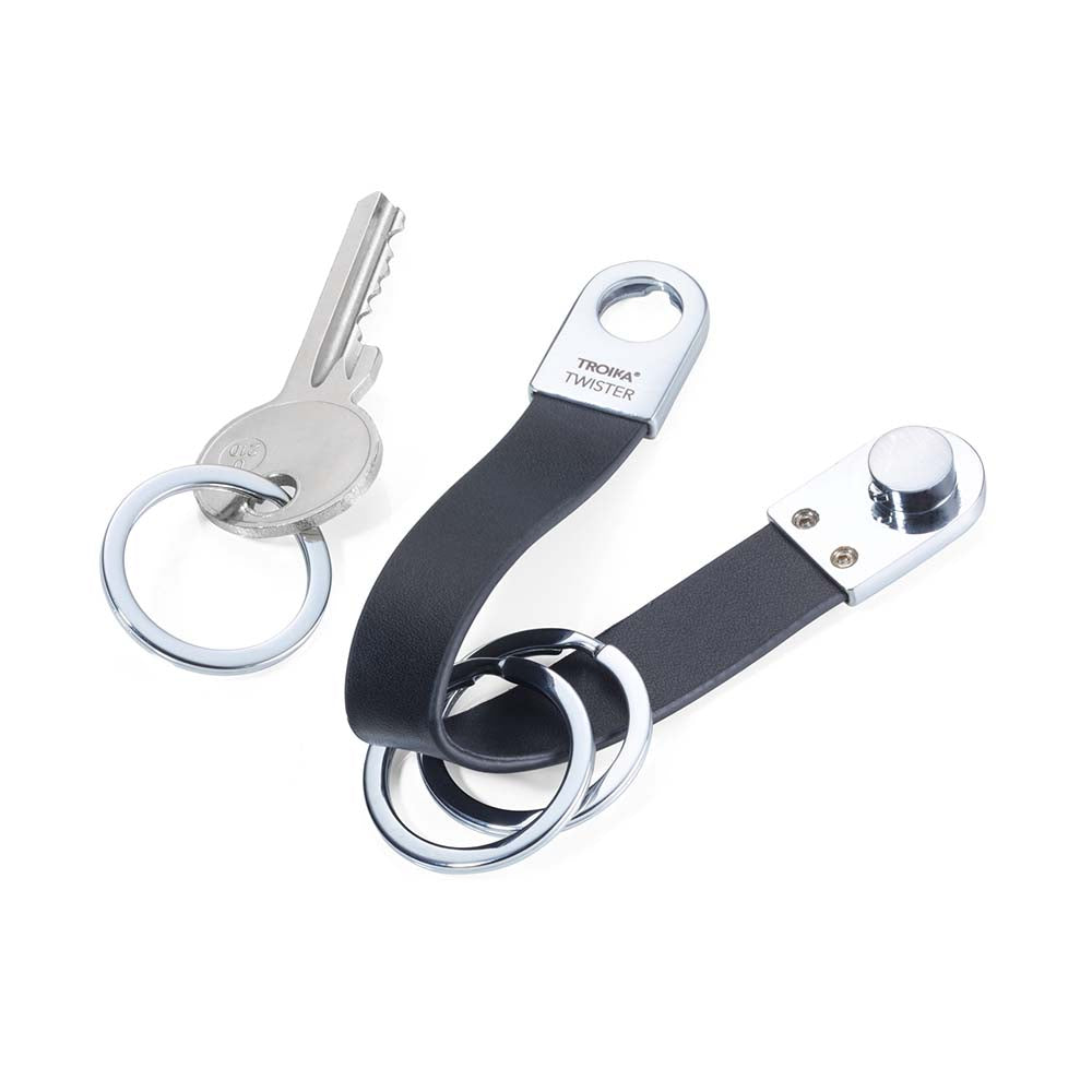 TROIKA Keyring with Leather Strap and Rounded Twist Lock - Black