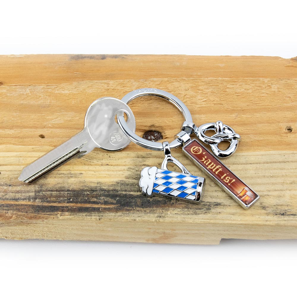 TROIKA Keyring Bavarian Themed with 3 Charms - Pretzel Beer and O ZAPFT IS