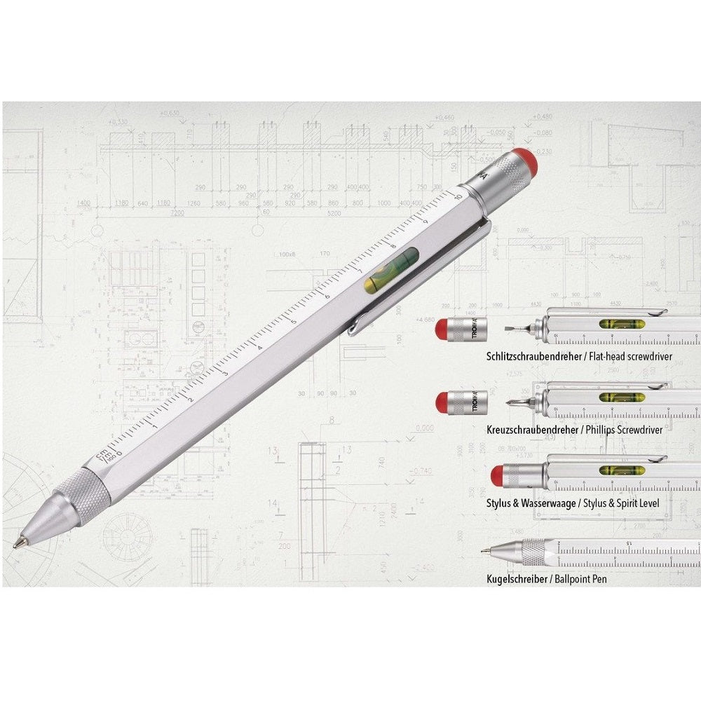 TROIKA Multitasking Ballpoint Pen Mini Tool CONSTRUCTION Silver with Red