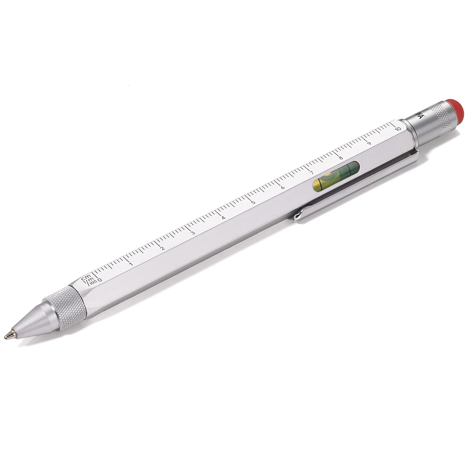 TROIKA Multitasking Ballpoint Pen Mini Tool CONSTRUCTION Silver with Red