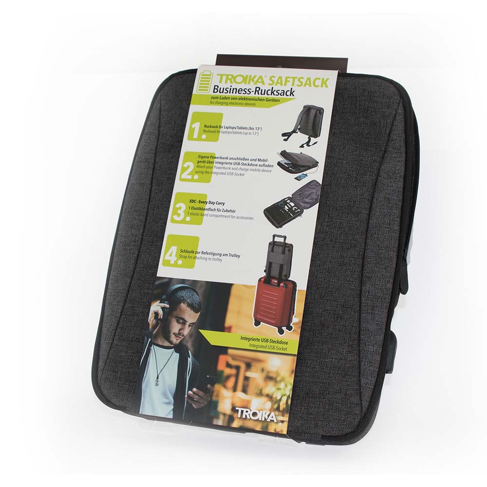 Troika Backpack for Laptops with Integrated USB Cable Saftsack