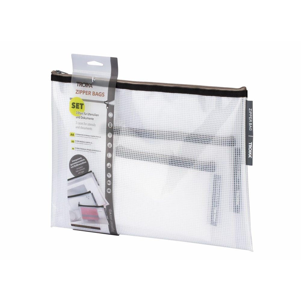TROIKA Transparent Travel Organisational Pouches in A4, A5 and A6 Size - Set of 3 with Black Zip